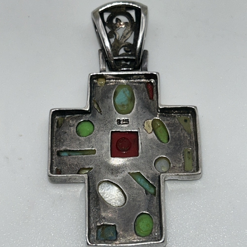 Vintage .925 Sterling Silver Cross, Handmade Multi Gemstone‎ Cross - Picture 3 of 3